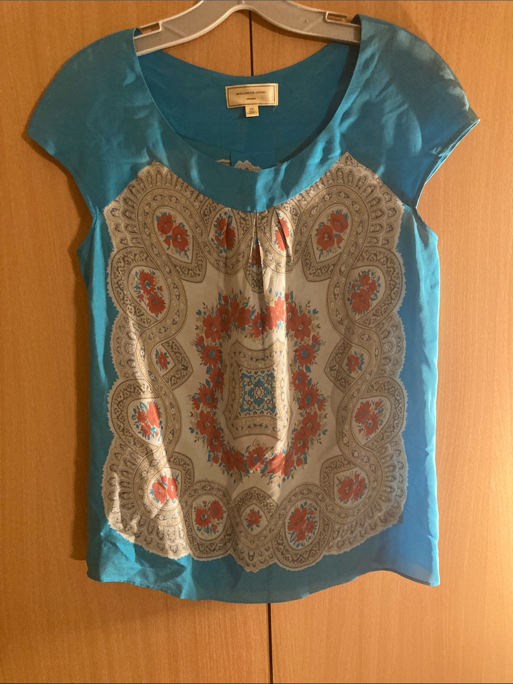Moulinette Soeurs Turquoise 100% Silk Scoop Neck Printed Blouse Tunic